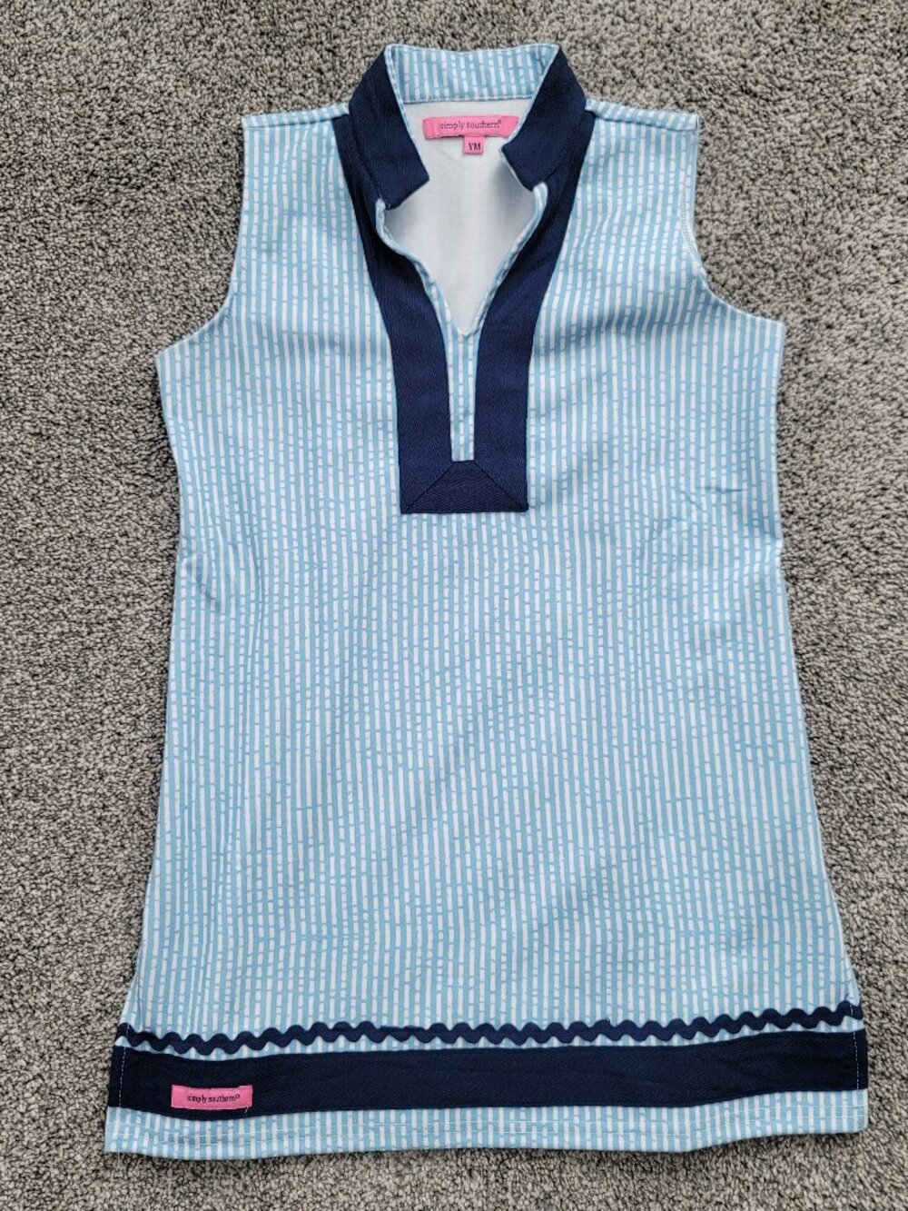 Simply Southern Girls Youth Medium Blue Striped Sleeveless Tunic Dress Casual